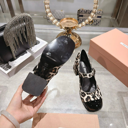 MIUMIU 26S MARY JANE BLOCK HEEL 75MM IN LEOPARD PRINT PONY HAIR AND BLACK PATENT CALFSKIN CAP TOE