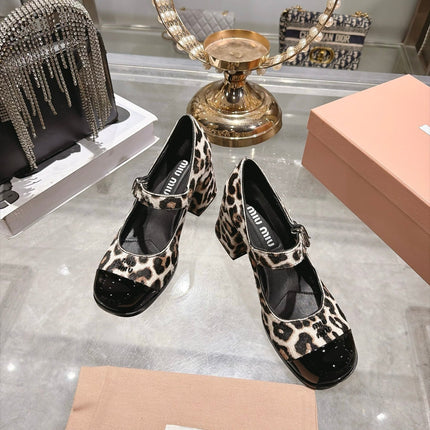 MIUMIU 26S MARY JANE BLOCK HEEL 75MM IN LEOPARD PRINT PONY HAIR AND BLACK PATENT CALFSKIN CAP TOE