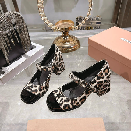 MIUMIU 26S MARY JANE BLOCK HEEL 75MM IN LEOPARD PRINT PONY HAIR AND BLACK PATENT CALFSKIN CAP TOE