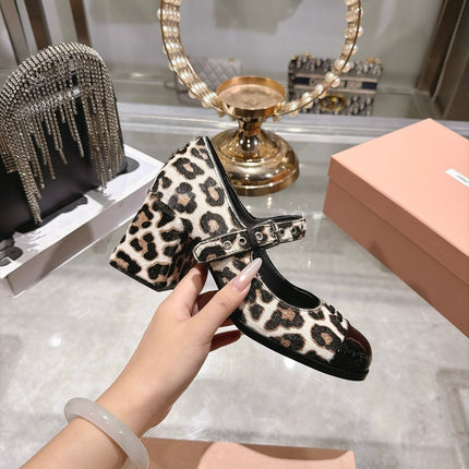 MIUMIU 26S MARY JANE BLOCK HEEL 75MM IN LEOPARD PRINT PONY HAIR AND BLACK PATENT CALFSKIN CAP TOE