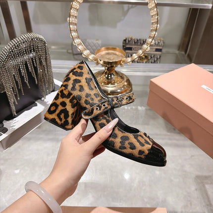 MIUMIU 26S MARY JANE BLOCK HEEL 75MM IN BROWN LEOPARD PRINT PONY HAIR AND BLACK PATENT CALFSKIN CAP TOE