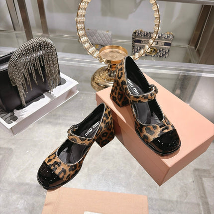 MIUMIU 26S MARY JANE BLOCK HEEL 75MM IN BROWN LEOPARD PRINT PONY HAIR AND BLACK PATENT CALFSKIN CAP TOE