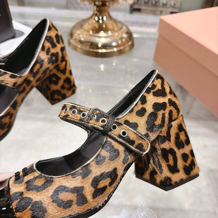 MIUMIU 26S MARY JANE BLOCK HEEL 75MM IN BROWN LEOPARD PRINT PONY HAIR AND BLACK PATENT CALFSKIN CAP TOE