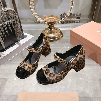 MIUMIU 26S MARY JANE BLOCK HEEL 75MM IN BROWN LEOPARD PRINT PONY HAIR AND BLACK PATENT CALFSKIN CAP TOE
