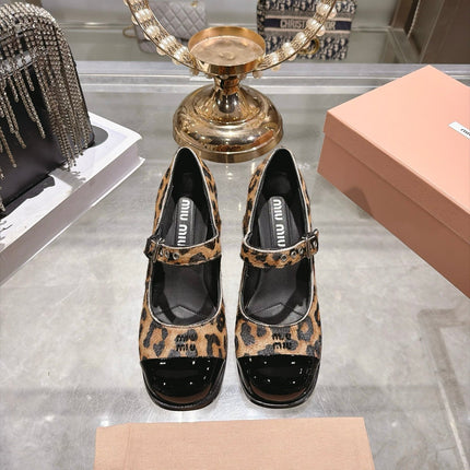 MIUMIU 26S MARY JANE BLOCK HEEL 75MM IN BROWN LEOPARD PRINT PONY HAIR AND BLACK PATENT CALFSKIN CAP TOE