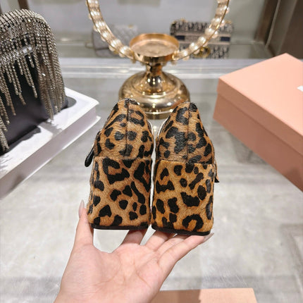 MIUMIU 26S MARY JANE BLOCK HEEL 75MM IN BROWN LEOPARD PRINT PONY HAIR AND BLACK PATENT CALFSKIN CAP TOE