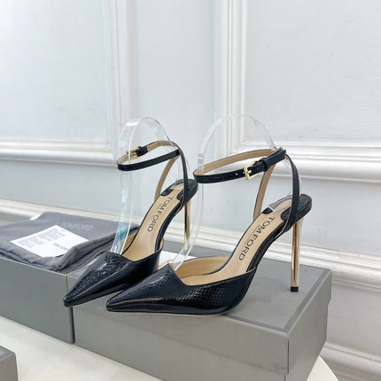 HIGH SLINGBACKS 10 CM IN BLACK SNAKE-PATTERN CALFSKIN