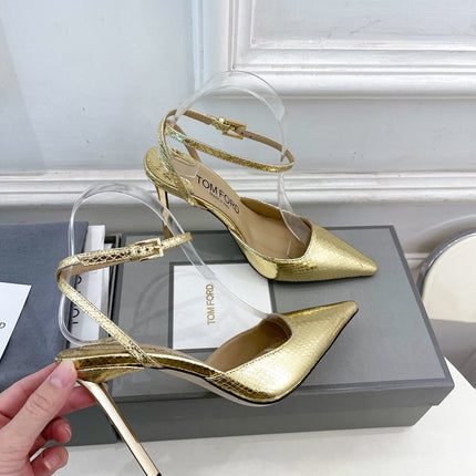 HIGH SLINGBACKS 10 CM IN GOLD SNAKE-PATTERN CALFSKIN