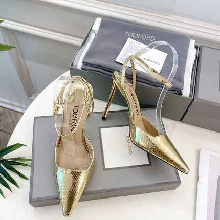 HIGH SLINGBACKS 10 CM IN GOLD SNAKE-PATTERN CALFSKIN