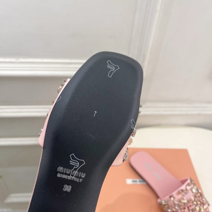 MIUMIU 26S SLIDES IN LIGHT PINK SATIN CRYSTAL EMBELLISHED