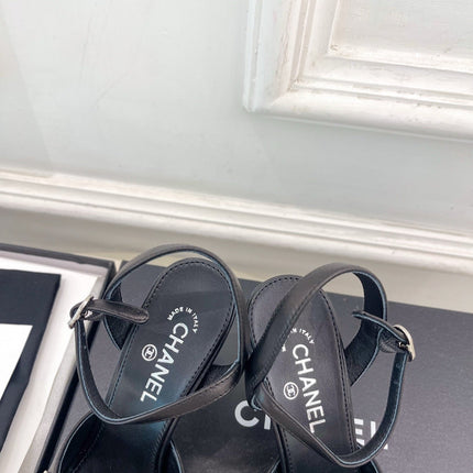 CHANEL 26S HIGH HEEL SLINGBACK SANDALS 90 MM IN BLACK LAMBSKIN