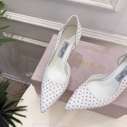 JIMMY CHOO 26S HIGH HEELS 100 MM IN OFF WHITE CALFSKIN WITH ROUND STUDS