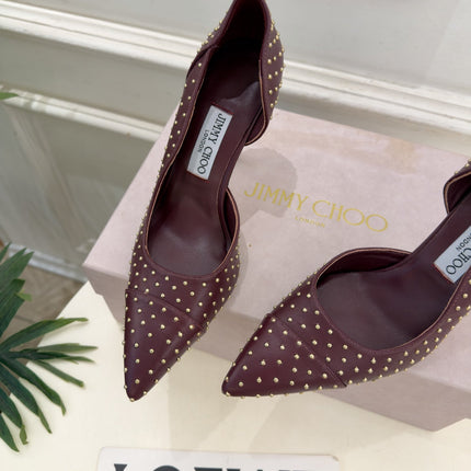 JIMMY CHOO 26S HIGH HEELS 100 MM IN BURGUNDY CALFSKIN WITH ROUND STUDS