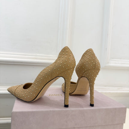 JIMMY CHOO 26S HIGH HEELS 100 MM IN DARK BEIGE CALFSKIN WITH ROUND STUDS