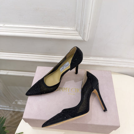 JIMMY CHOO 26S HIGH HEELS 100 MM IN BLACK MESH FULLY EMBELLISHED WITH CRYSTALS