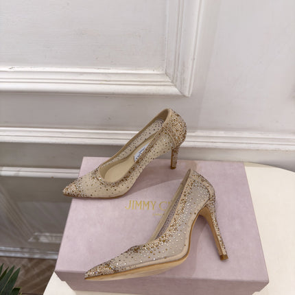 JIMMY CHOO 26S HIGH HEELS 100 MM IN BEIGE MESH CRYSTAL-EMBELLISHED