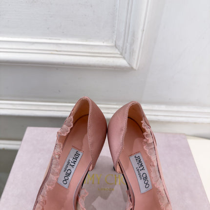 JIMMY CHOO 26S POINTED-TOE HEELS 100 MM IN LIGHT PINK SATIN AND MESH