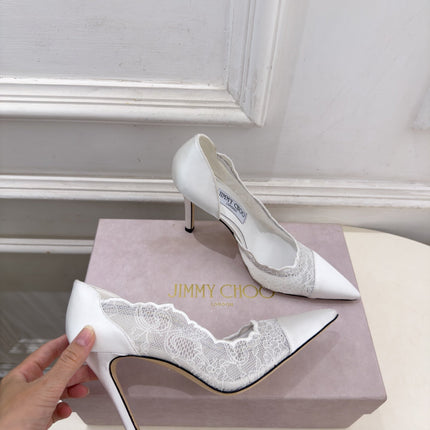 JIMMY CHOO 26S POINTED-TOE HEELS 100 MM IN OFF WHITE SATIN AND LACE