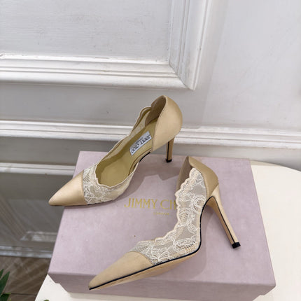 JIMMY CHOO 26S POINTED-TOE HEELS 100 MM IN BEIGE SATIN AND LACE