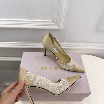 JIMMY CHOO 26S POINTED-TOE HEELS 100 MM IN BEIGE SATIN AND LACE