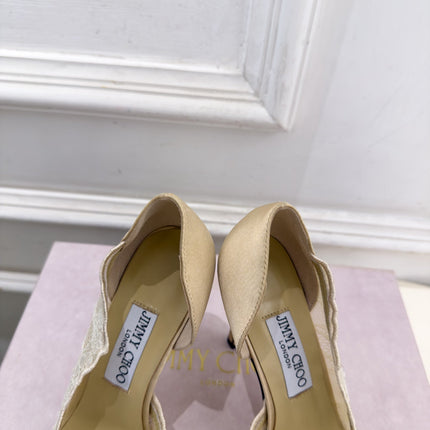 JIMMY CHOO 26S POINTED-TOE HEELS 100 MM IN BEIGE SATIN AND LACE