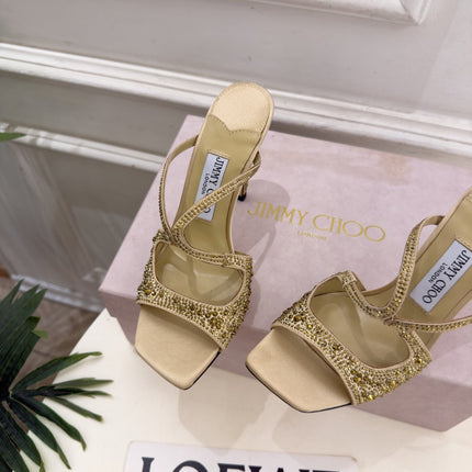 JIMMY CHOO 26S HEEL SANDALS 100 MM IN BEIGE SATIN WITH CRYSTALS