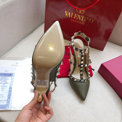ROCKSTUD MOSS GREEN METALLIC CALFSKIN ANKLE STRAP HIGH SANDAL