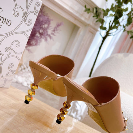 ROCKSTUD TOWER-HEEL MULES IN BRONZE BROWN CALFSKIN 7 CM