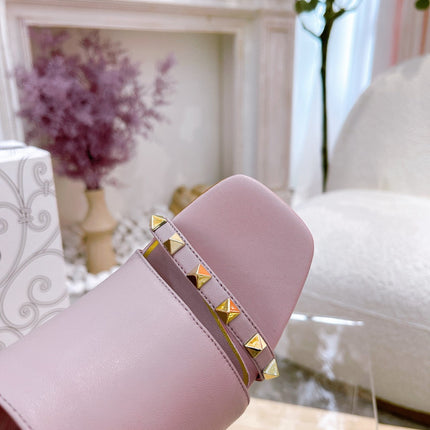 ROCKSTUD TOWER-HEEL MULES IN BABY PINK CALFSKIN 7 CM