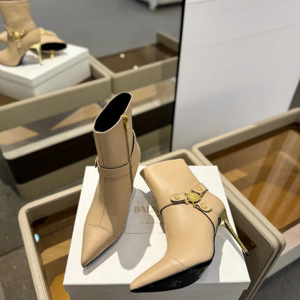 BALMAIN 26S STILETTO HEEL BOOTS 95 MM IN DARK BEIGE CALFSKIN